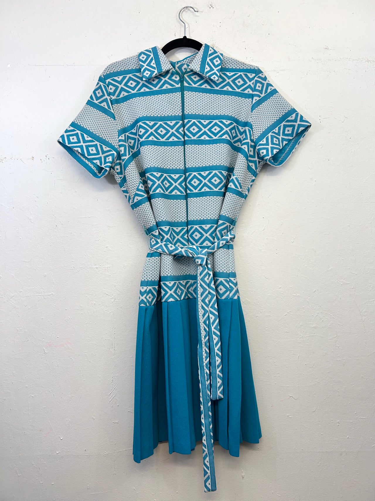 70s Drop Waist Pleated Belted Dress