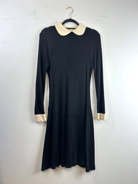 70s Drop-Waist Black & White Collared Dress