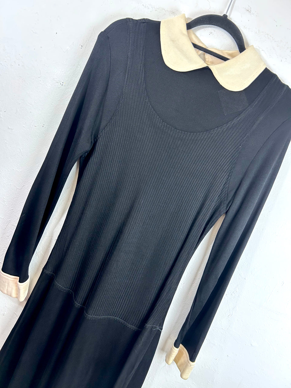 70s Drop-Waist Black & White Collared Dress