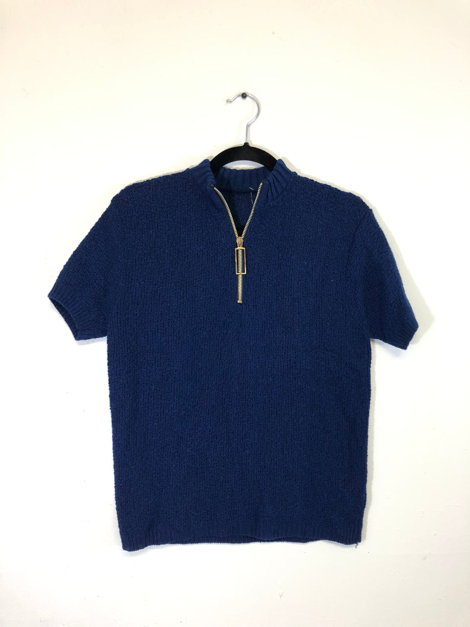 70s Short-Sleeved Navy Zip Sweater