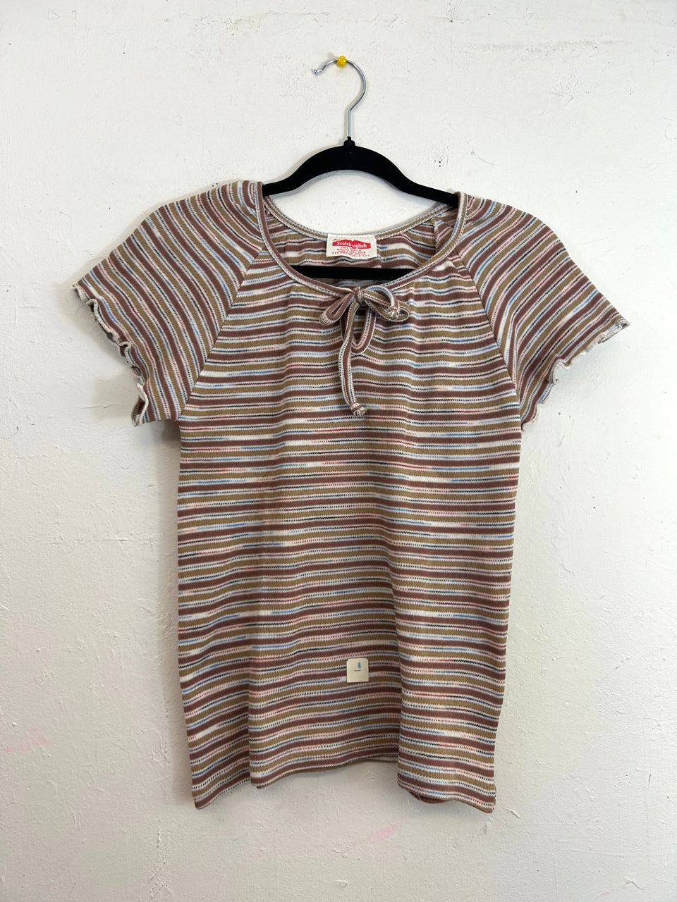 Miss Scotch English Ruffle Sleeve Striped Tie Top - Tan (Deadstock)