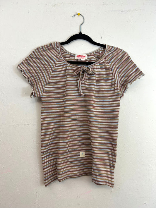 Miss Scotch English Ruffle Sleeve Striped Tie Top - Tan (Deadstock)