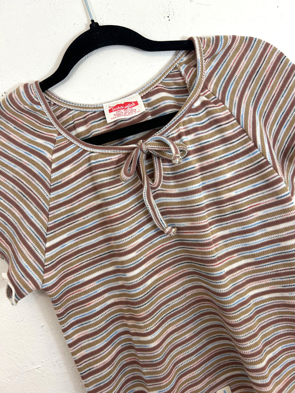 Miss Scotch English Ruffle Sleeve Striped Tie Top - Tan (Deadstock)
