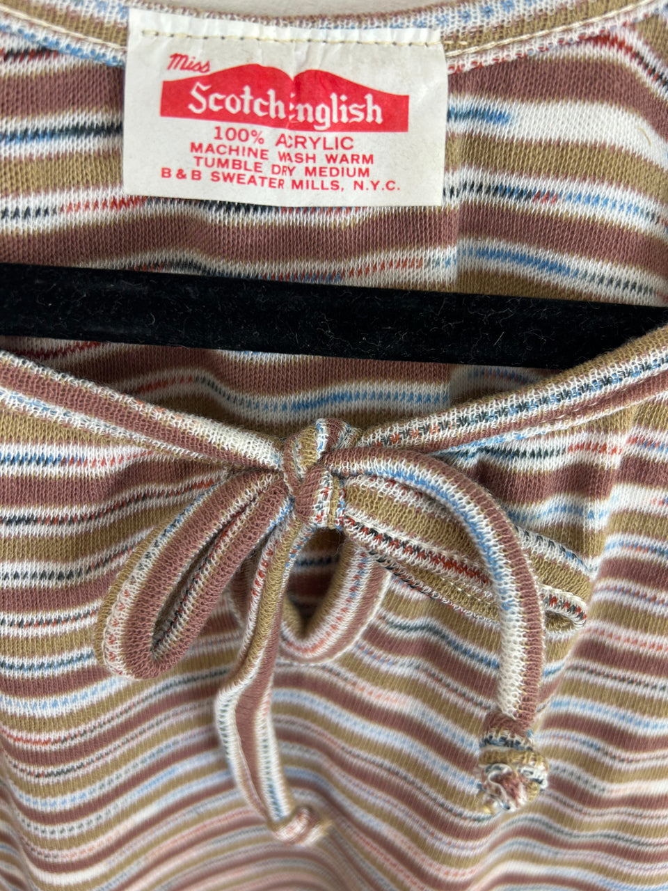 Miss Scotch English Ruffle Sleeve Striped Tie Top - Tan (Deadstock)