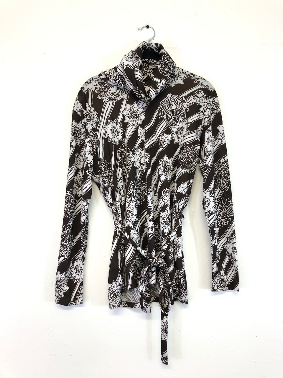 Brown & White Floral 70s Belted Blouse
