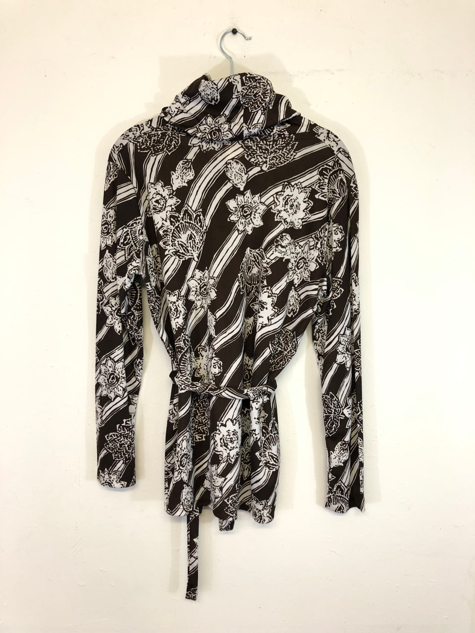 Brown & White Floral 70s Belted Blouse