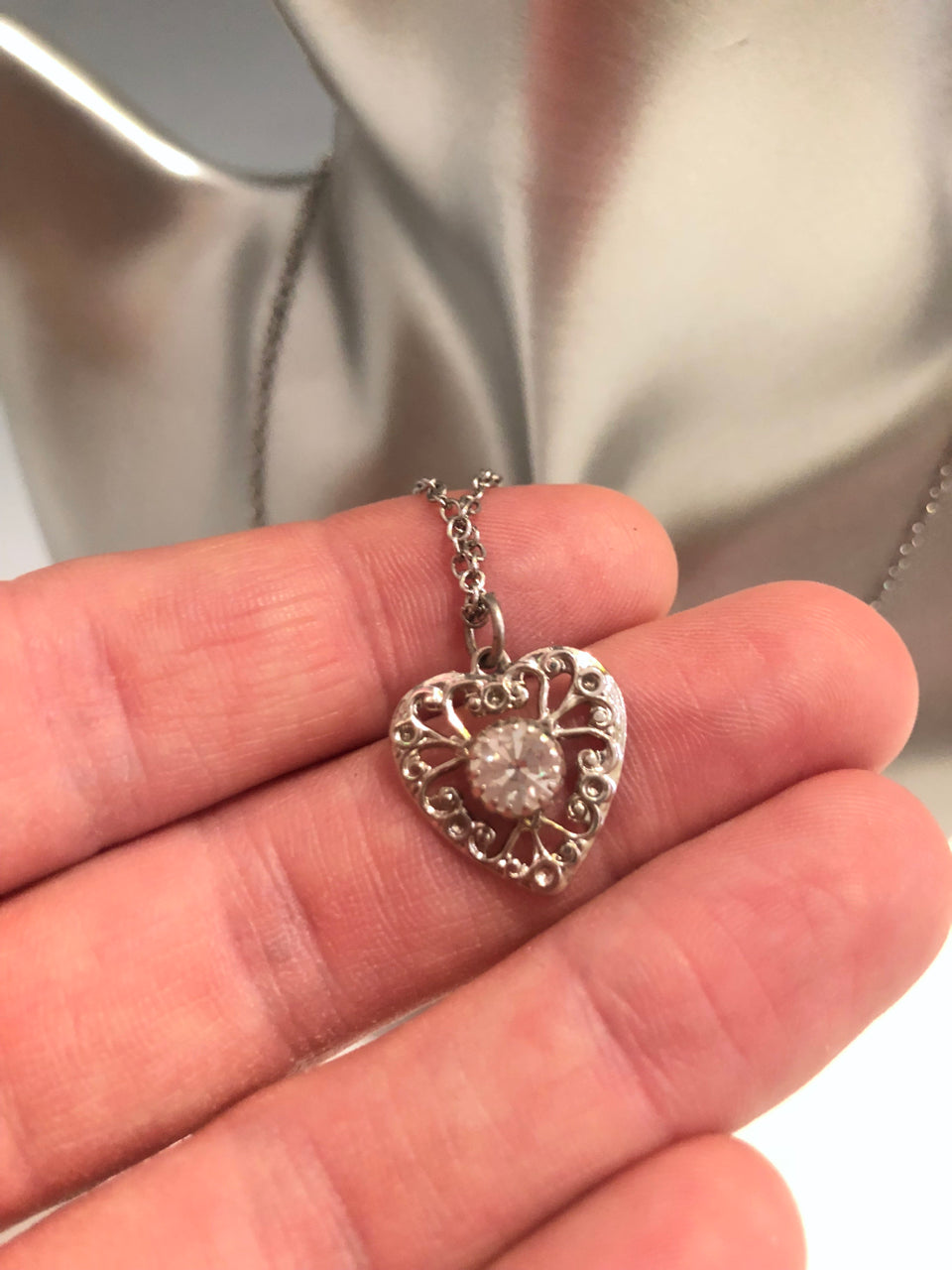 Silver Rhinestone Heart Necklace