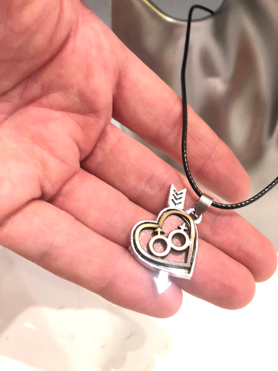 Arrow Through Heart Pink Necklace (With Man/Woman Symbols)