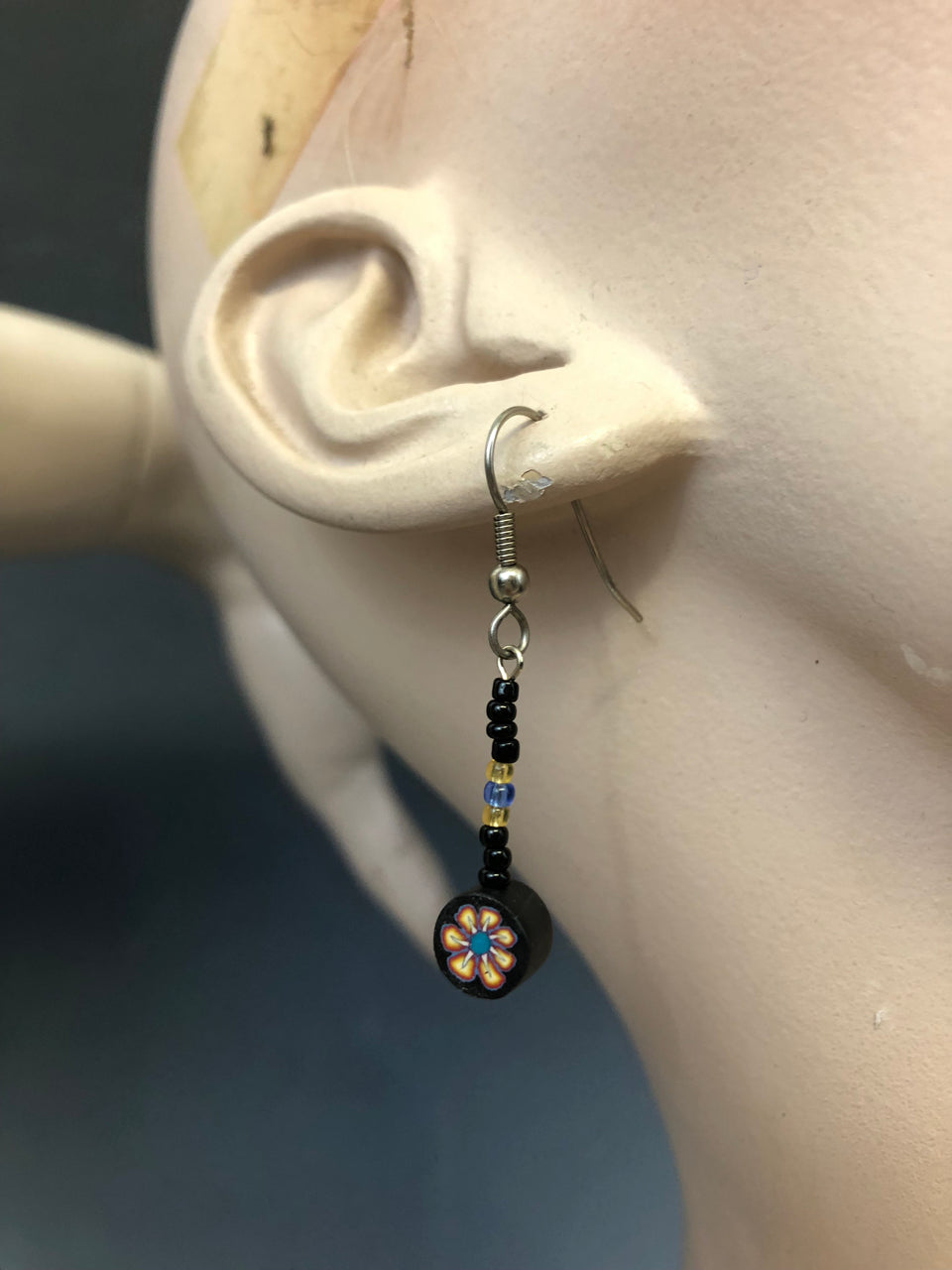 90s Beaded & Clay Drop Earrings (Black/Yellow Design)