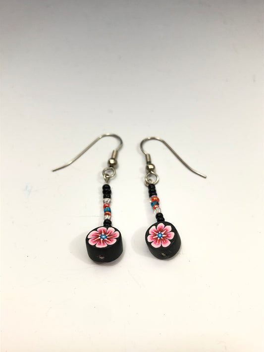 90s Beaded & Clay Drop Earrings (Black/Pink Design)