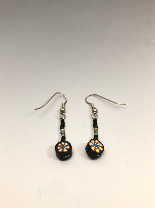 90s Beaded & Clay Drop Earrings (Black/Yellow Design)