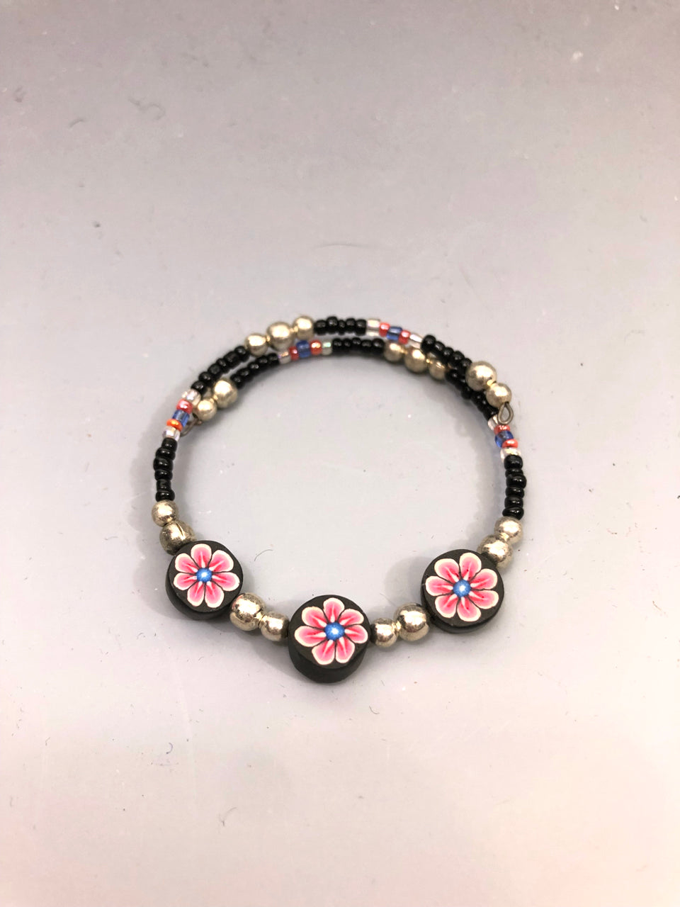 90s Beaded & Clay Bracelet (Pink Flower Design)