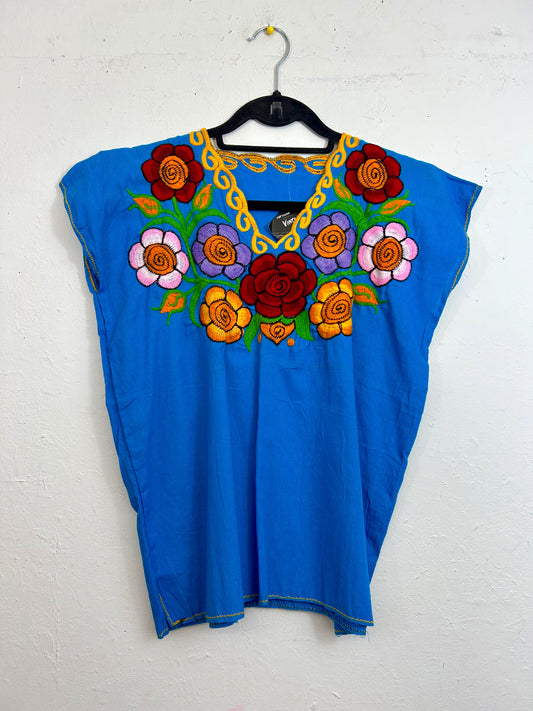 Embroidered Flowers Turquoise Top