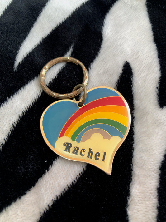 80s Rainbow Heart Name Keychain (Rachel)