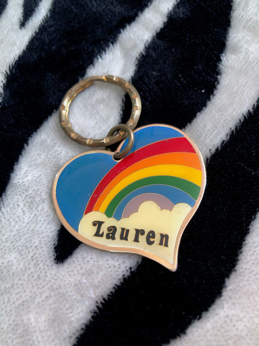 80s Rainbow Heart Name Keychain (Lauren)