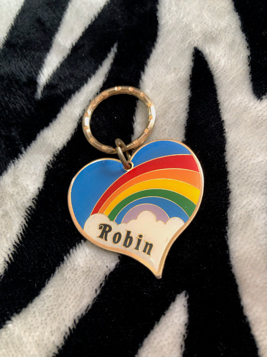 80s Rainbow Heart Name Keychain (Robin)