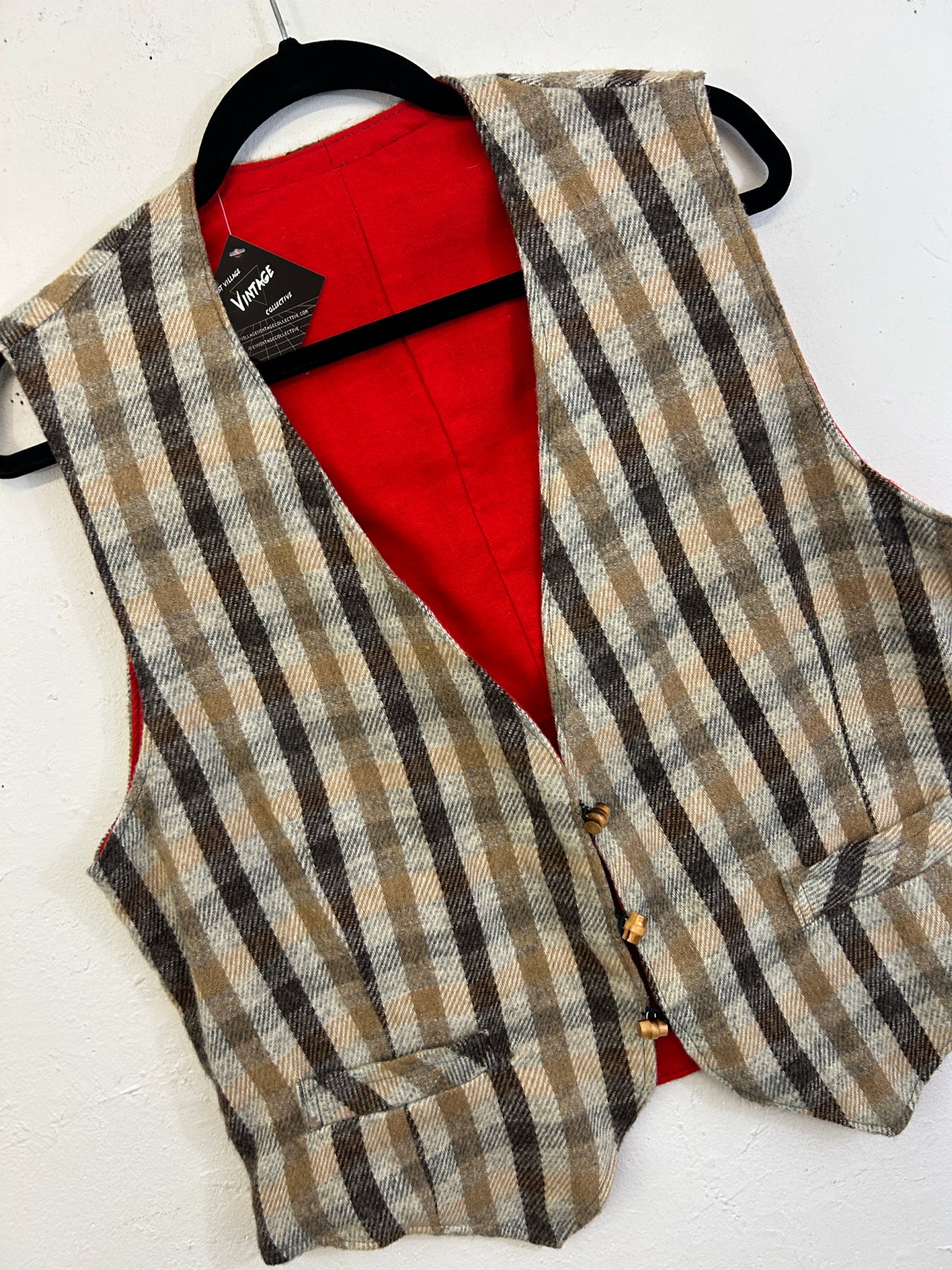 Handmade Reversible Plaid Red Wool/Cotton Vest