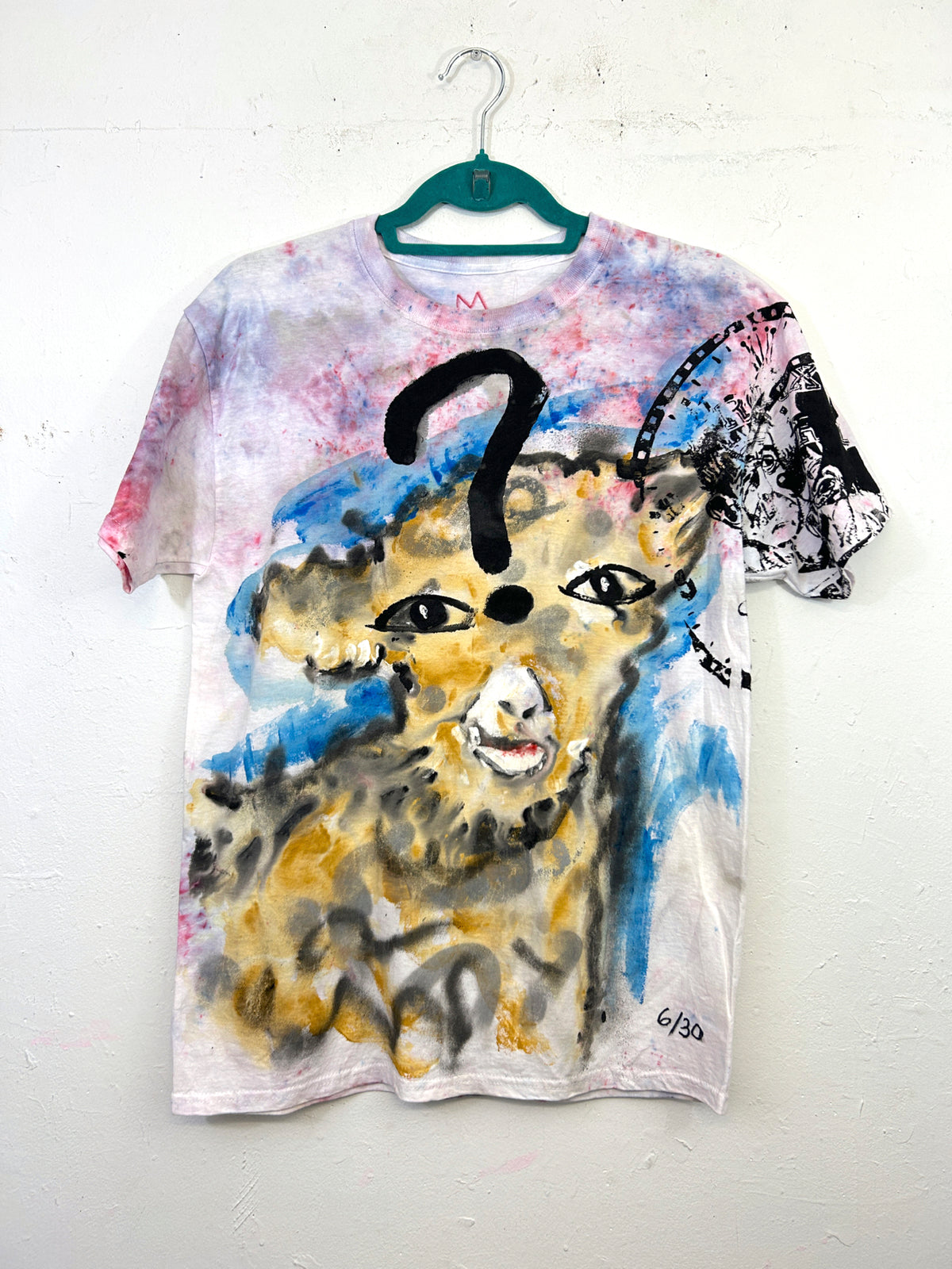 Goat with Question Mark T-Shirt Hand-Painted by Scooter La Forge 6/30