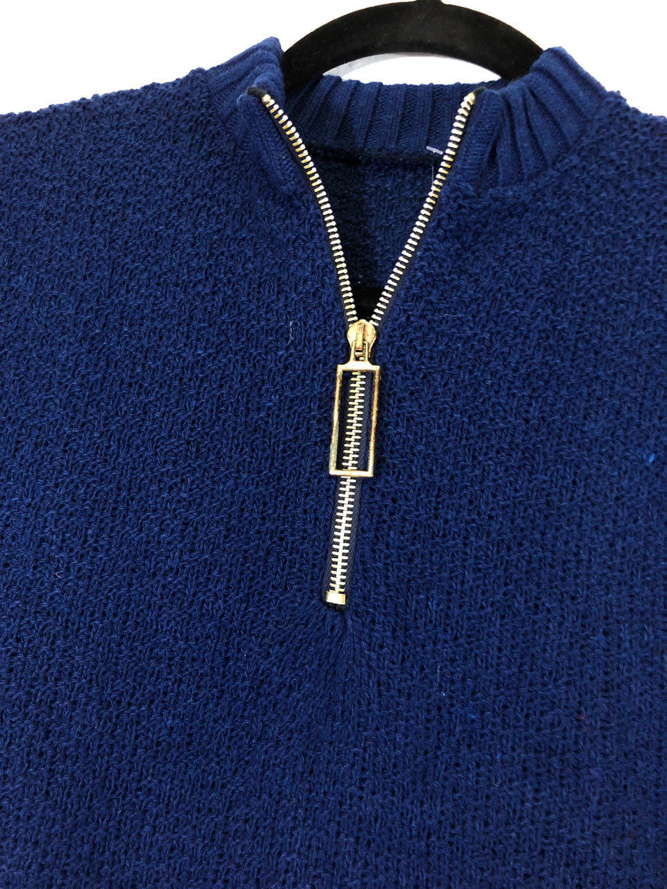 70s Short-Sleeved Navy Zip Sweater