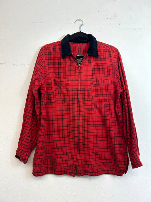 Red & Black Plaid Zip-Up Jacket with Velvet Collar