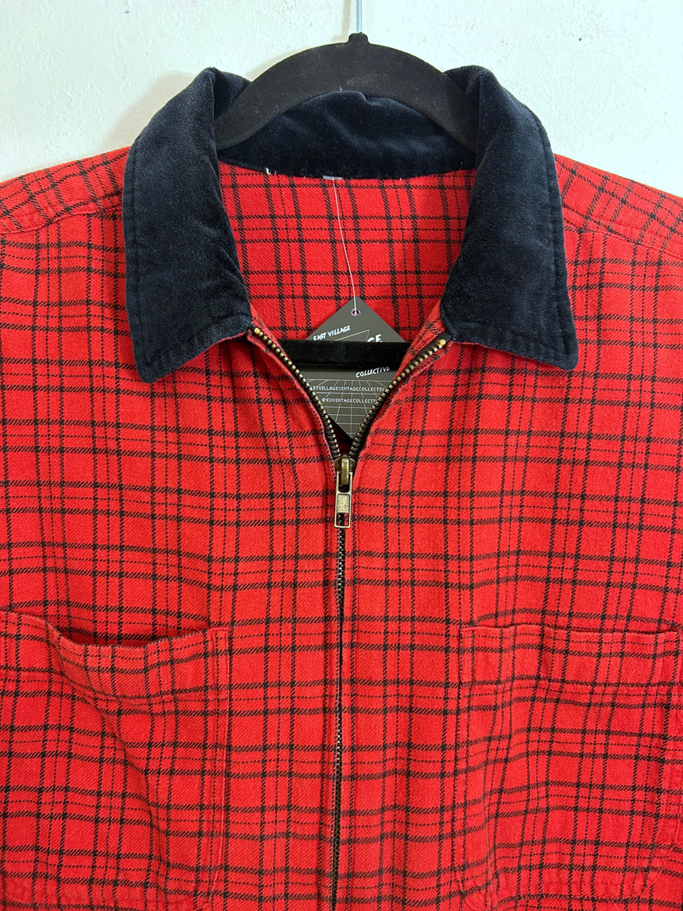 Red & Black Plaid Zip-Up Jacket with Velvet Collar