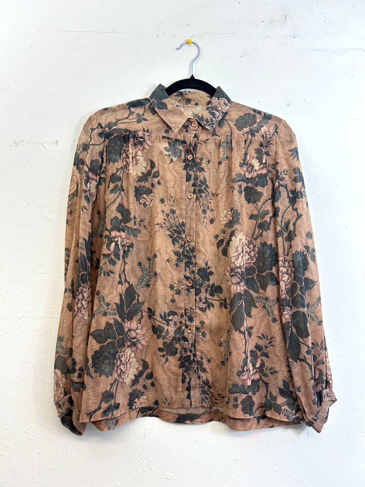 Sheer Brown Roses 70s Blouse