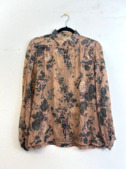 Sheer Brown Roses 70s Blouse