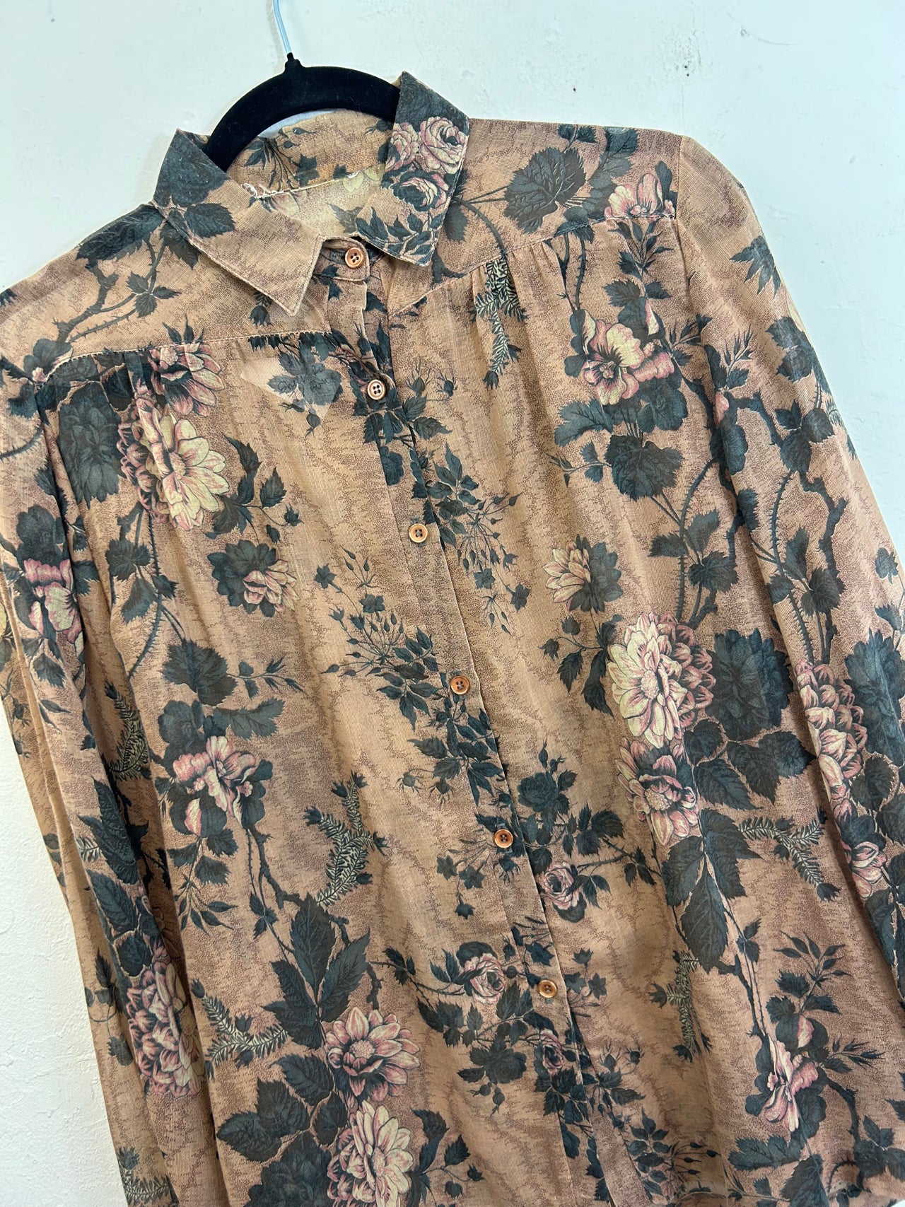 Sheer Brown Roses 70s Blouse