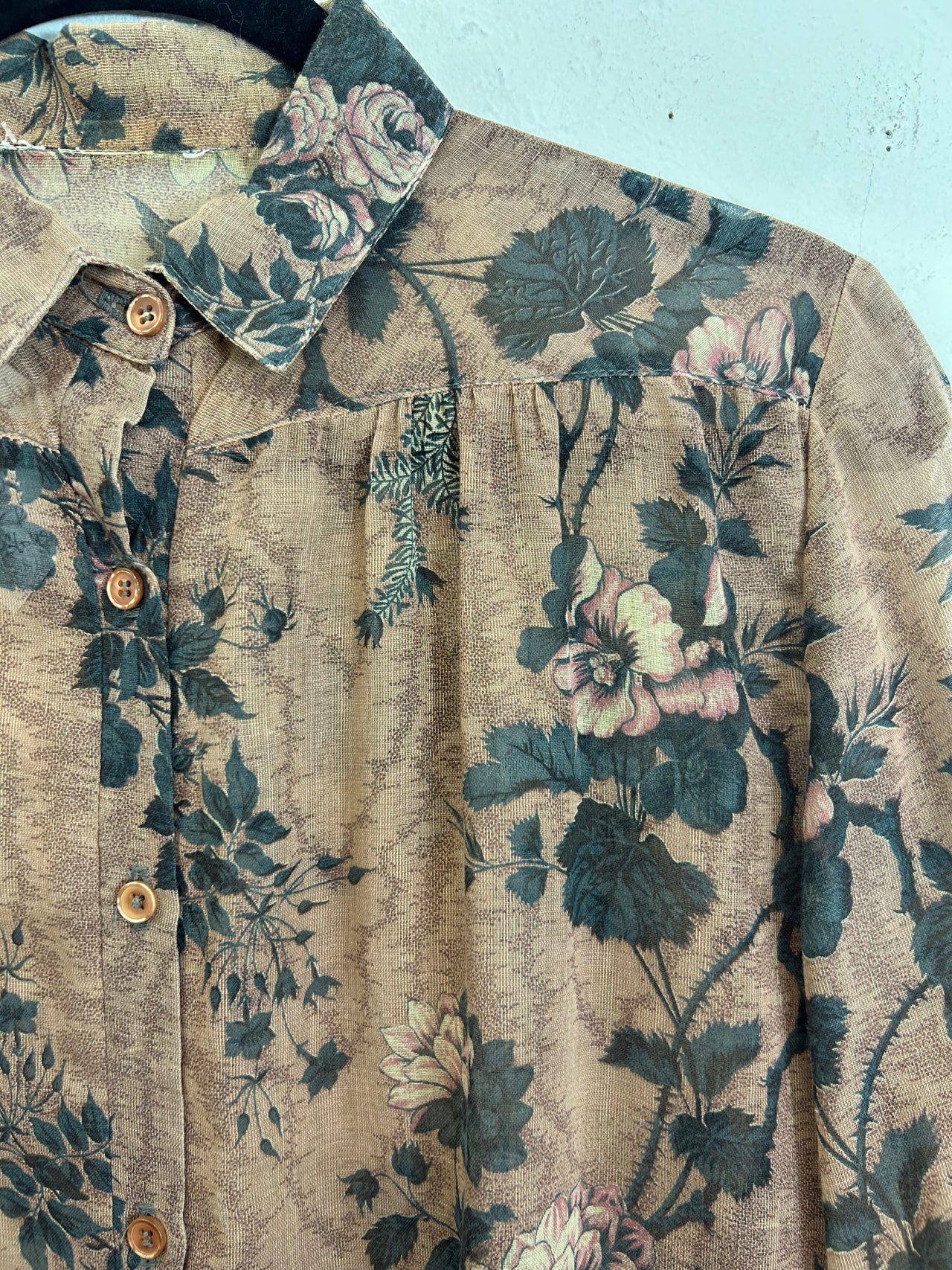 Sheer Brown Roses 70s Blouse