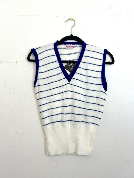 Miss Scotch English White & Navy V-Neck Sweater Vest (Deadstock)