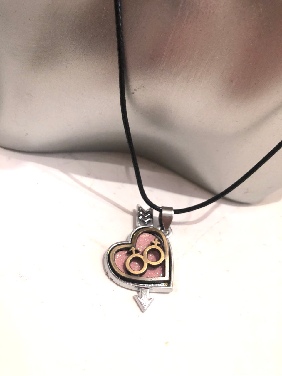 Arrow Through Heart Pink Necklace (With Man/Woman Symbols)