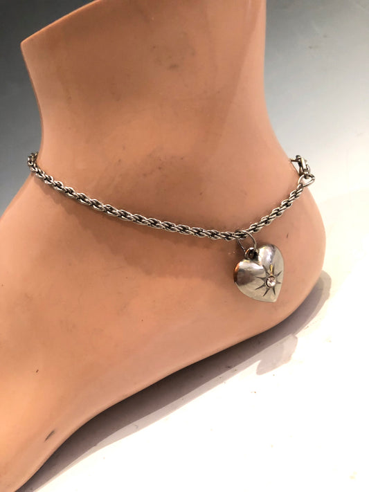 Silver Heart Rhinestone Anklet
