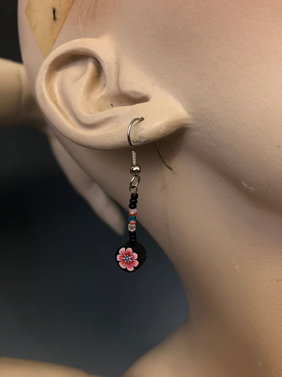 90s Beaded & Clay Drop Earrings (Black/Pink Design)