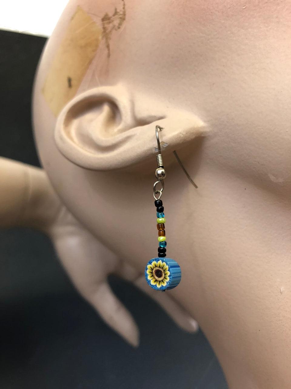 90s Beaded & Clay Drop Earrings (Blue/Yellow Design)